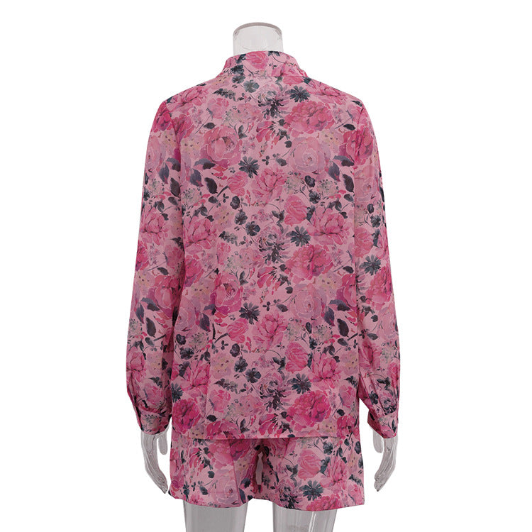 Two Piece Floral Print Button Down and Skort Set