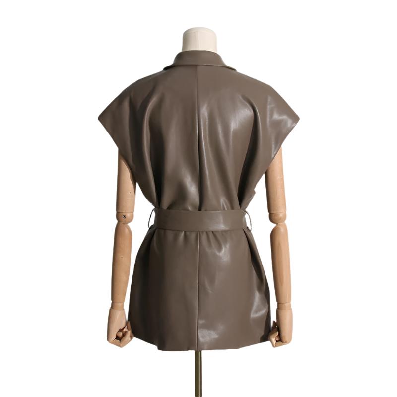 Collared V Neck Wrap Faux Leather Mini Dress