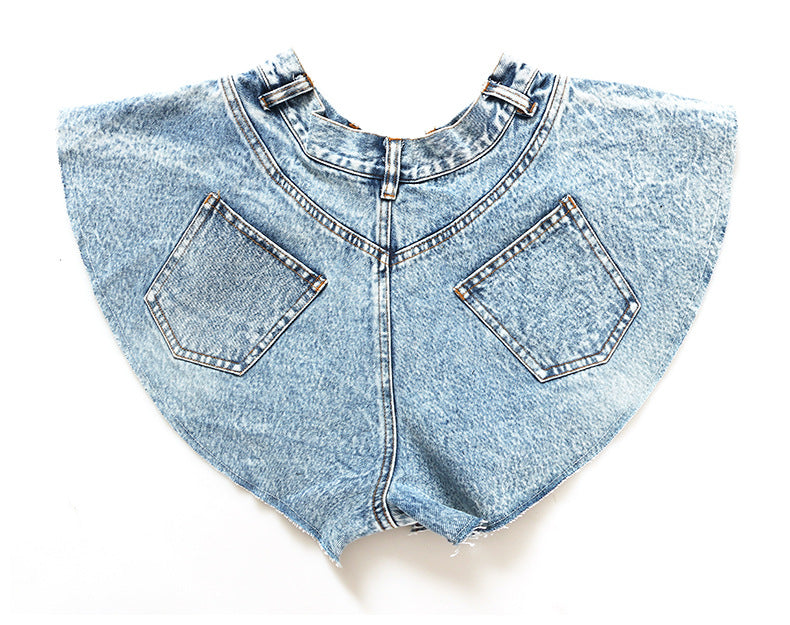 Rhinestone Trim High Waisted Flair Denim Shorts