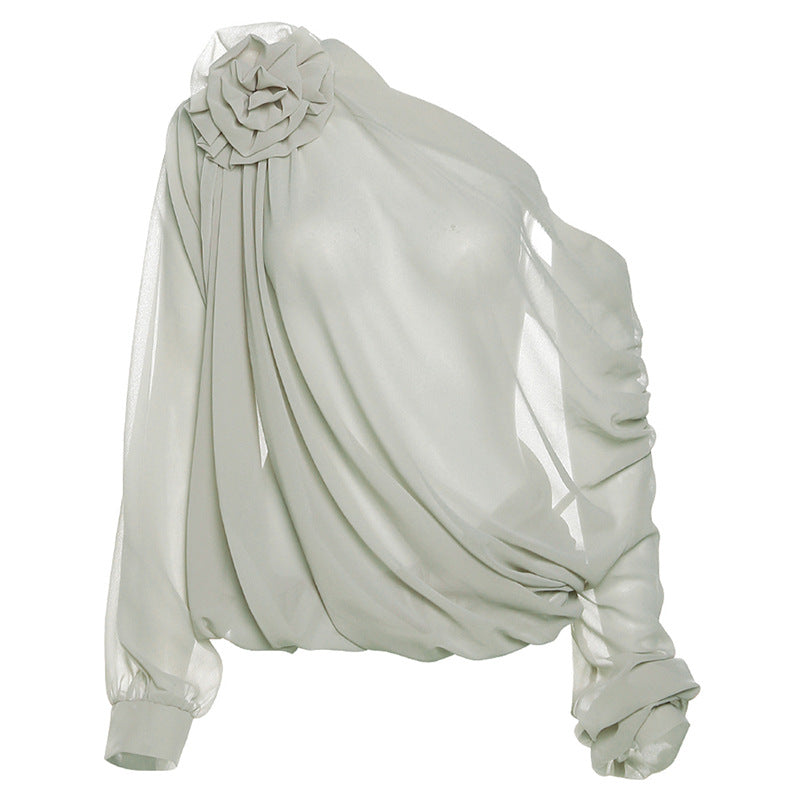 Sheer One Shoulder Rosette Long Sleeve Blouse – Shop Style Shark