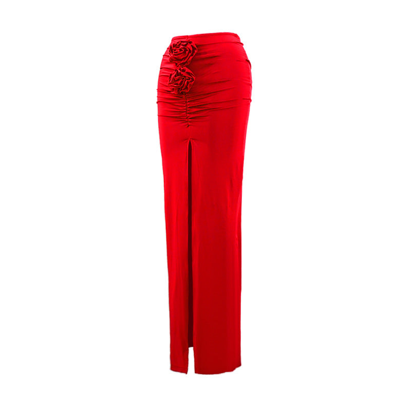 Ruched 3-D Flower Slit Maxi Skirt