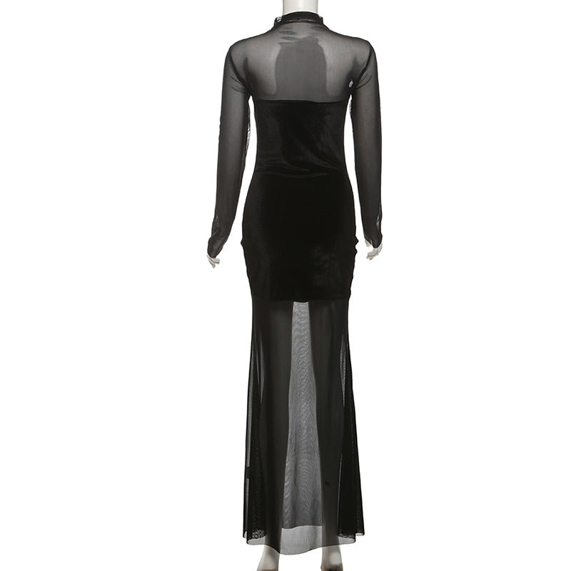 Sheer and Velvet Patchwork Full Length Dress