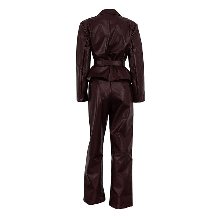 Faux Leather Belted Blazer and Pants Set