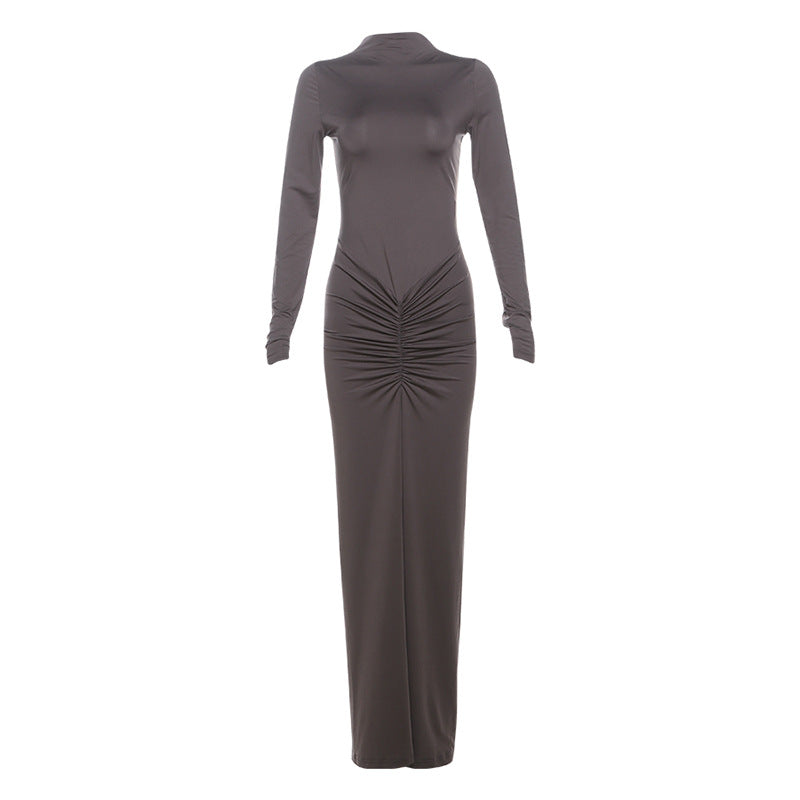 Long Sleeve Mock Neck Ruched Maxi Dress