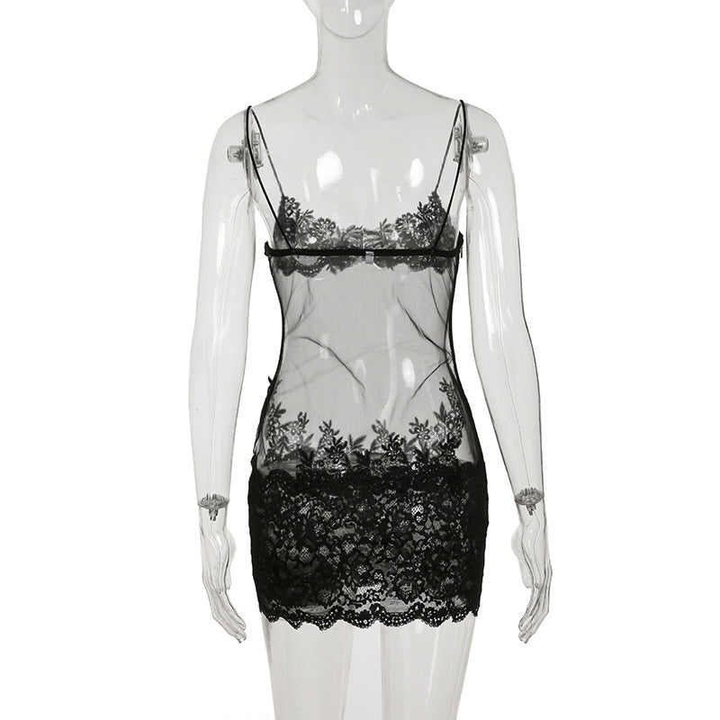 Mesh Lace Lace Spaghetti Strap Sheer Dress