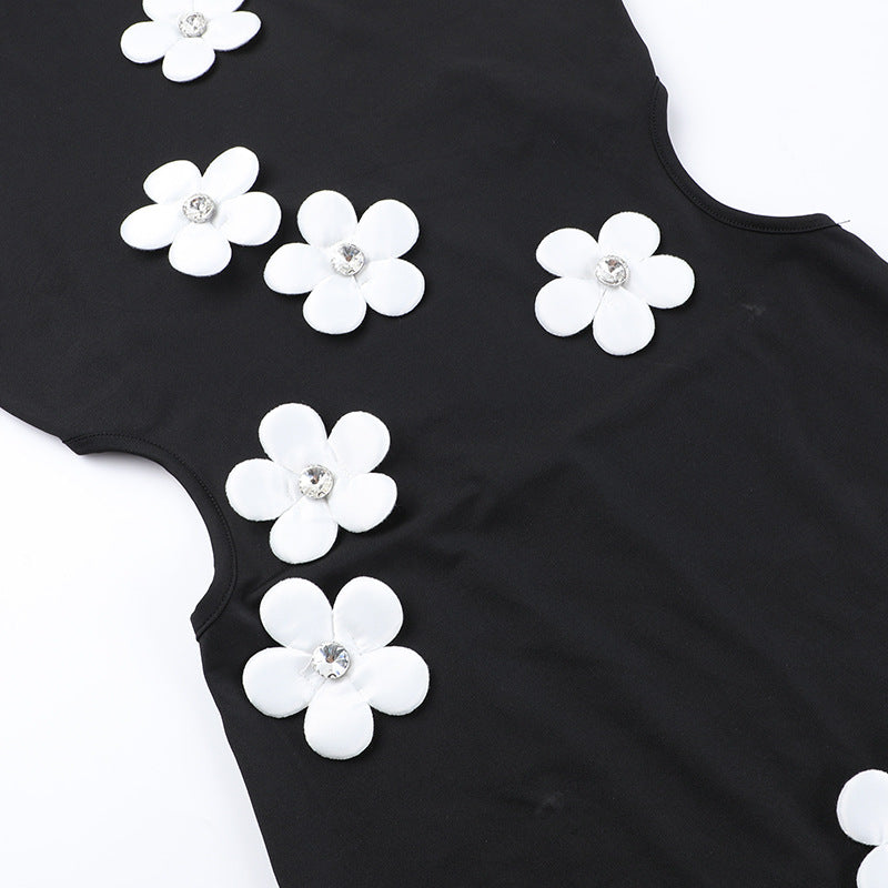 Flower Accent Mock Neck Cut Out Back Maxi Dress
