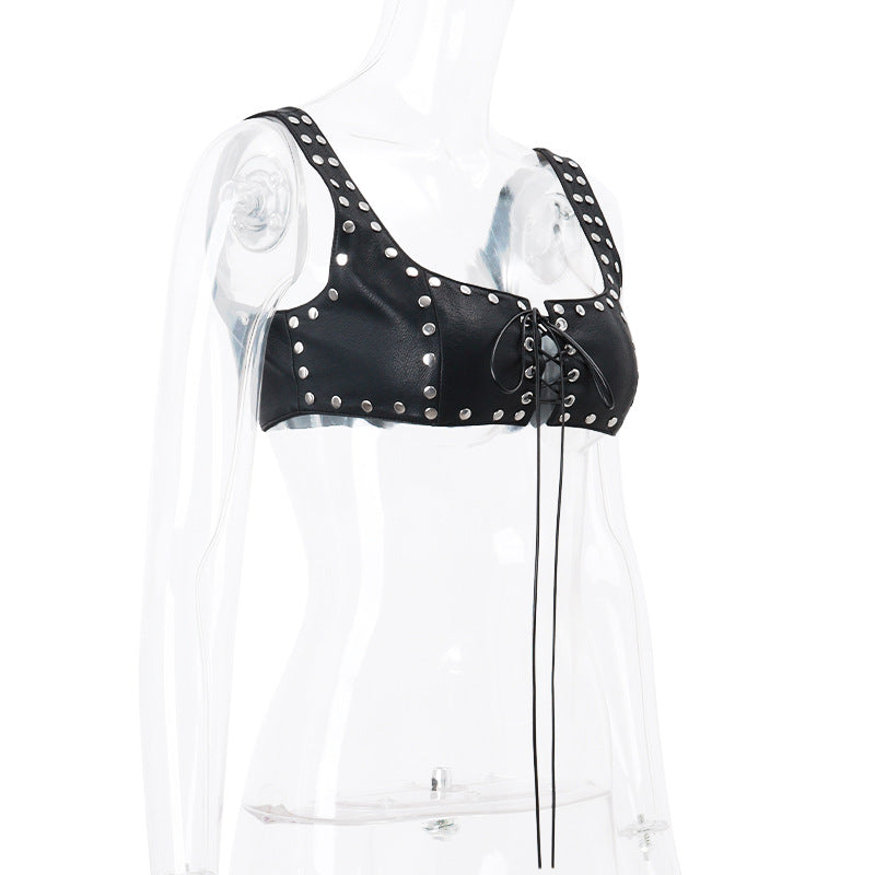 Grommet Tie Faux Leather Crop Top