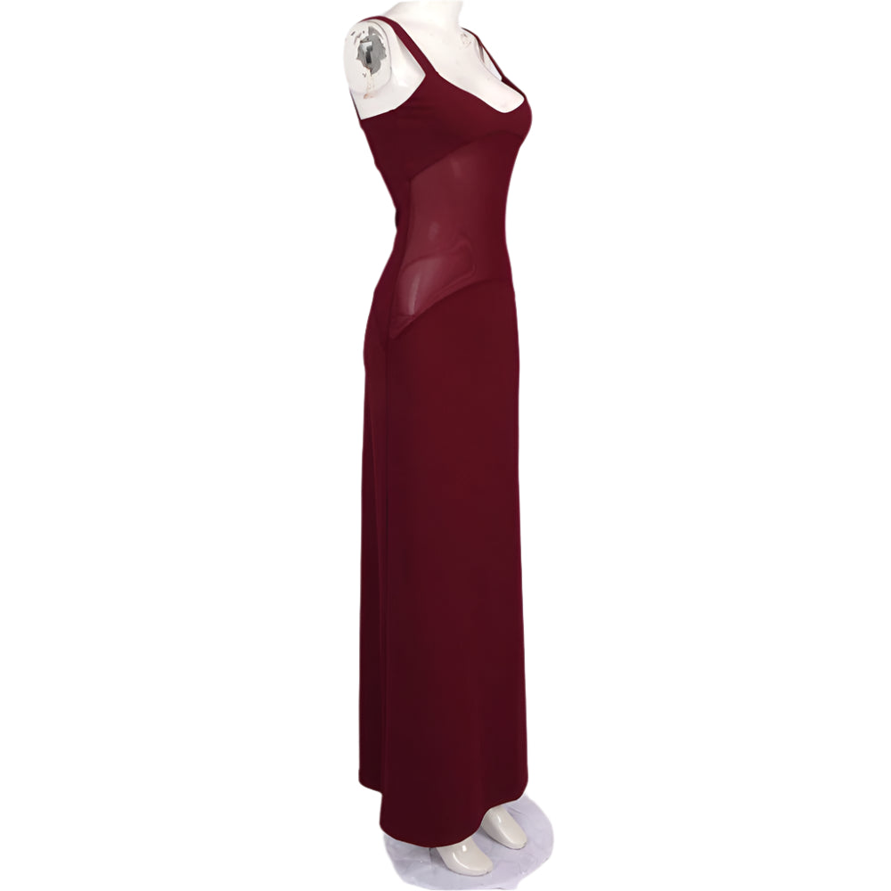 Drop Waist Mesh Cut Out Sleeveless Maxi - Shop Style Shark Dark Red / XS Drop Waist Mesh Cut Out Sleeveless Maxi - Shop Style Shark Dark Red / XS