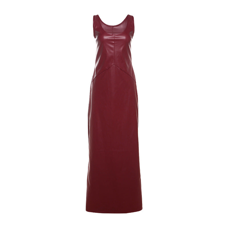 chinese dress ladies Scoop Neckline Faux Leather Maxi Dress