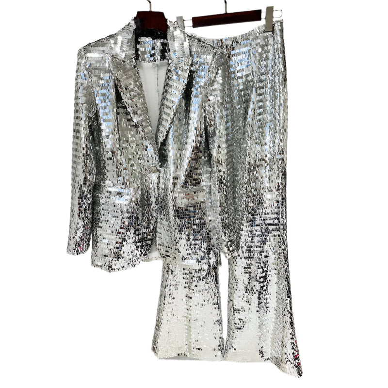 Sequin Blazer and Wide Leg Pants Suit Set Silver / XL Sequin Blazer and Wide Leg Pants Suit Set – Shop Style Shark