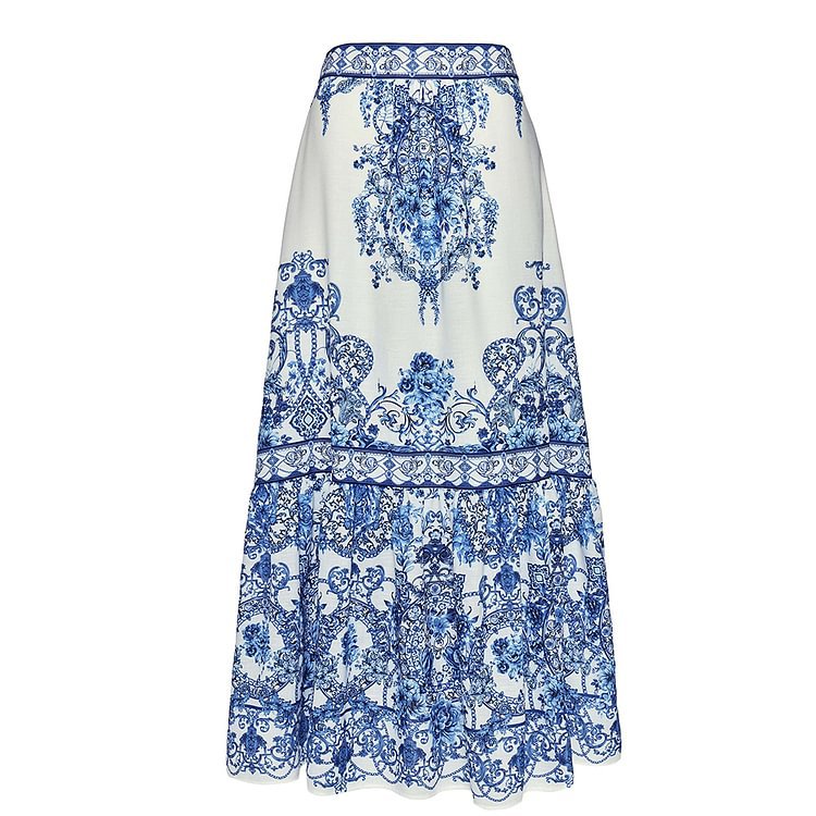 Porcelain Print One Piece Swimsuit and Skirt