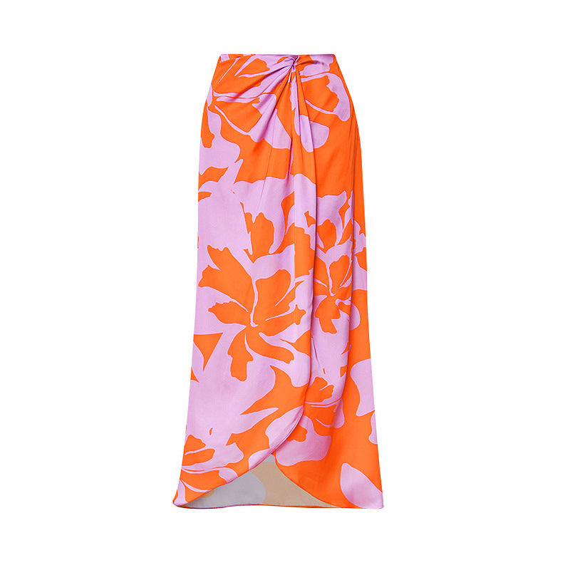 Ruffle Off the Shoulder Print Swimsuit and Skirt