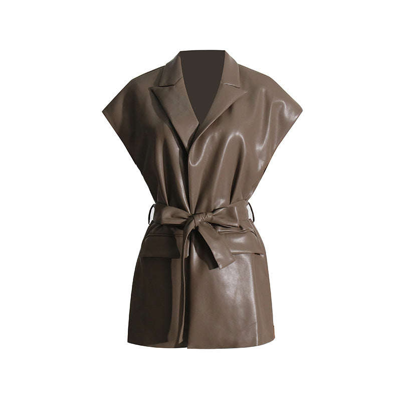 brown leather wrap dress Women's Something to Behold Brown Faux Leather Short Sleeve Belted Midi Dress | Size: L