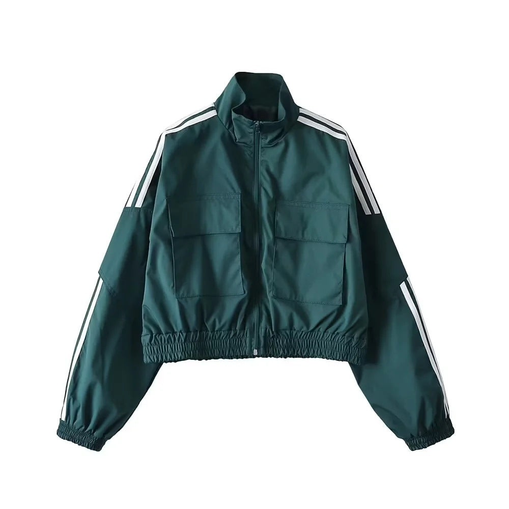 Striped Sleeve Zip Up Wind Breaker Jacket