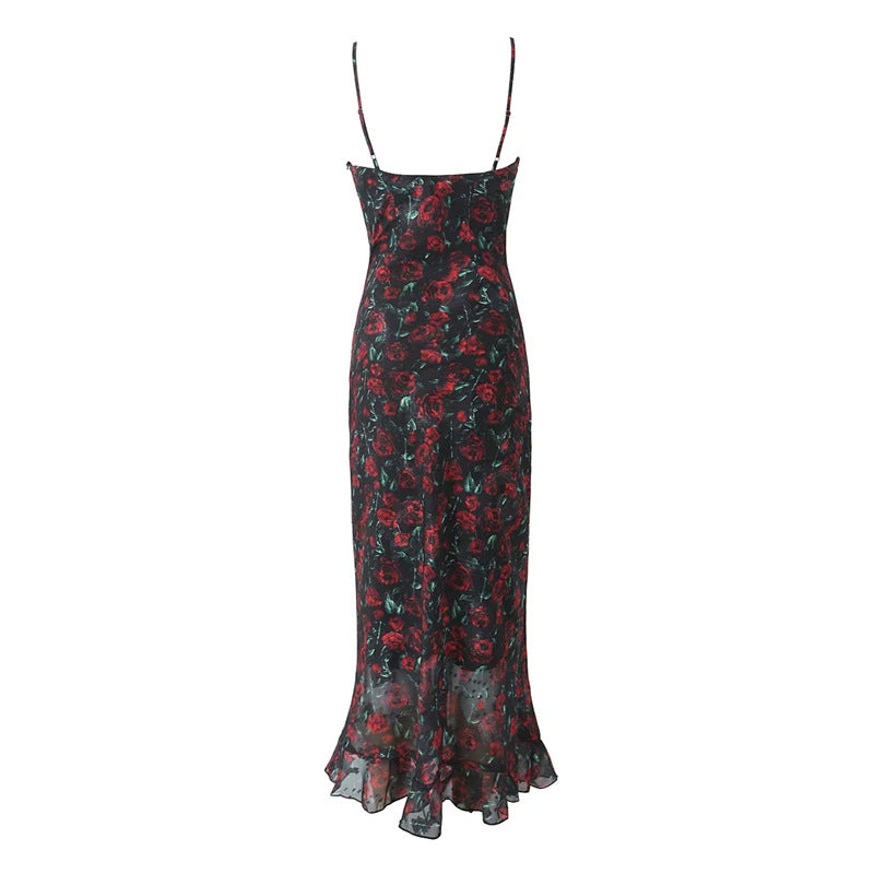 Rose Print Fishtail Spaghetti Strap Maxi Dress