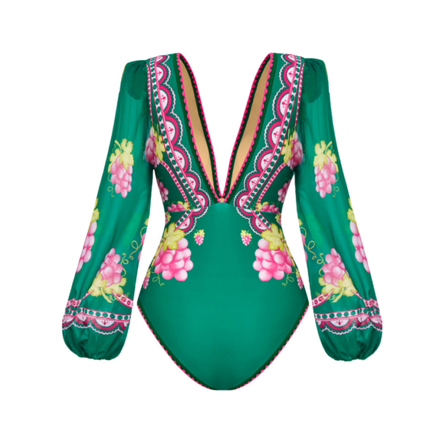 Long Sleeve Deep V One Piece Swimsuit