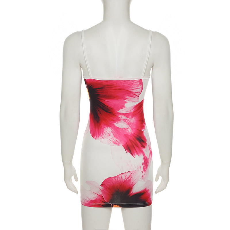 Spaghetti Strap Floral Graphic Print Mini Dress