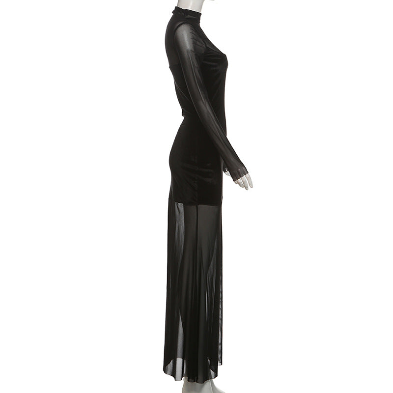 Sheer and Velvet Patchwork Full Length Dress