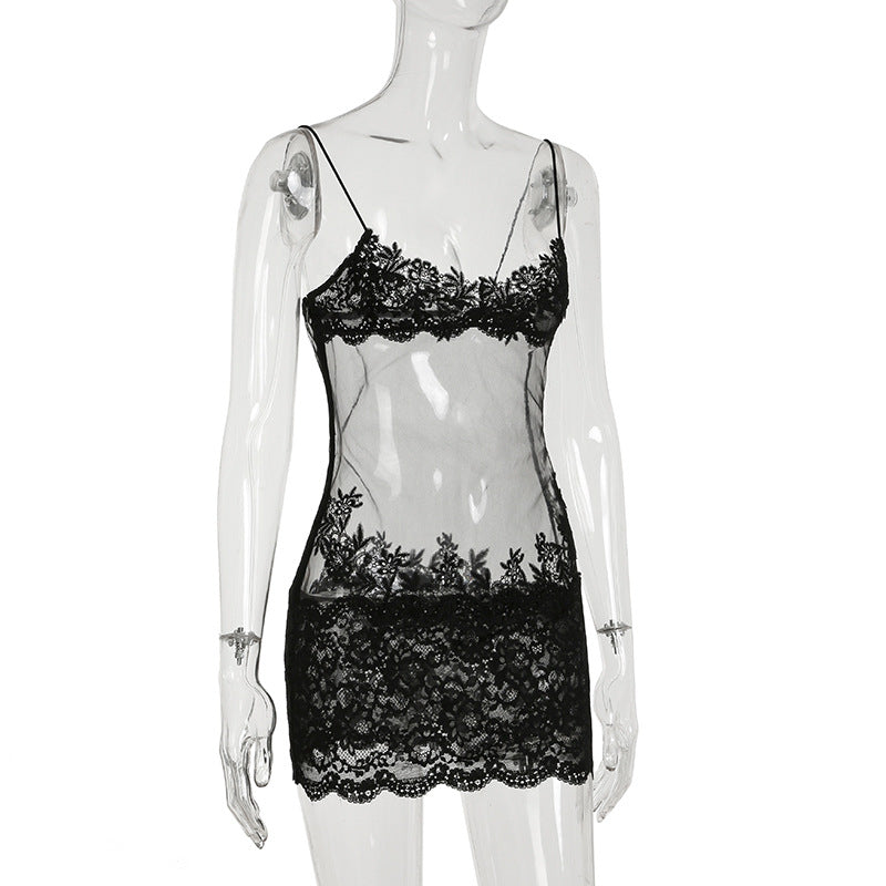 Mesh Lace Lace Spaghetti Strap Sheer Dress
