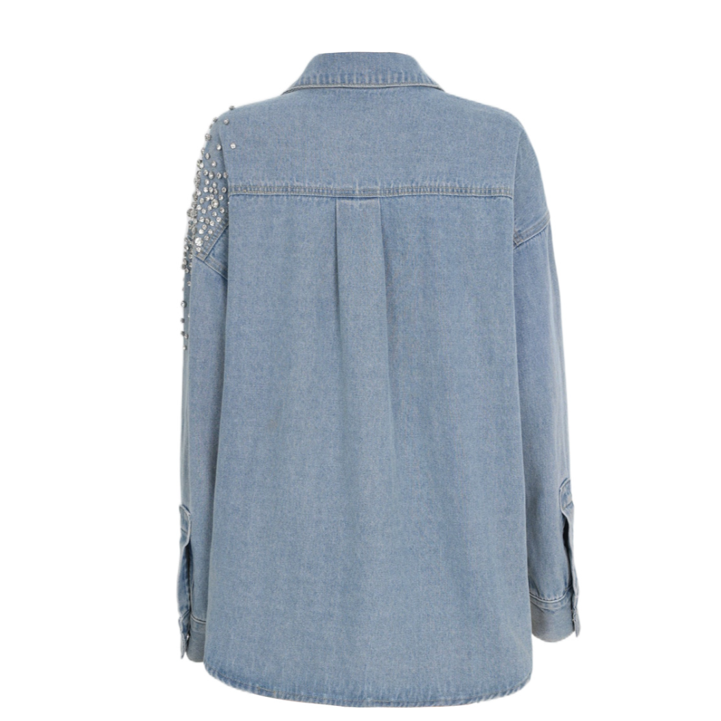 Rhinestone Embellished Button Down Denim Top