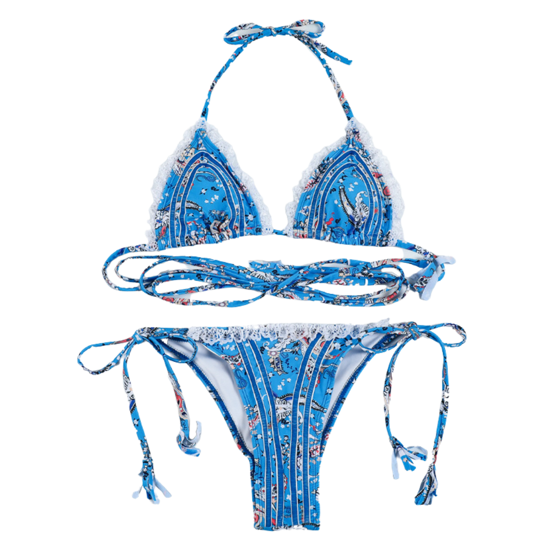 Lace Trim Print Tie Bikini