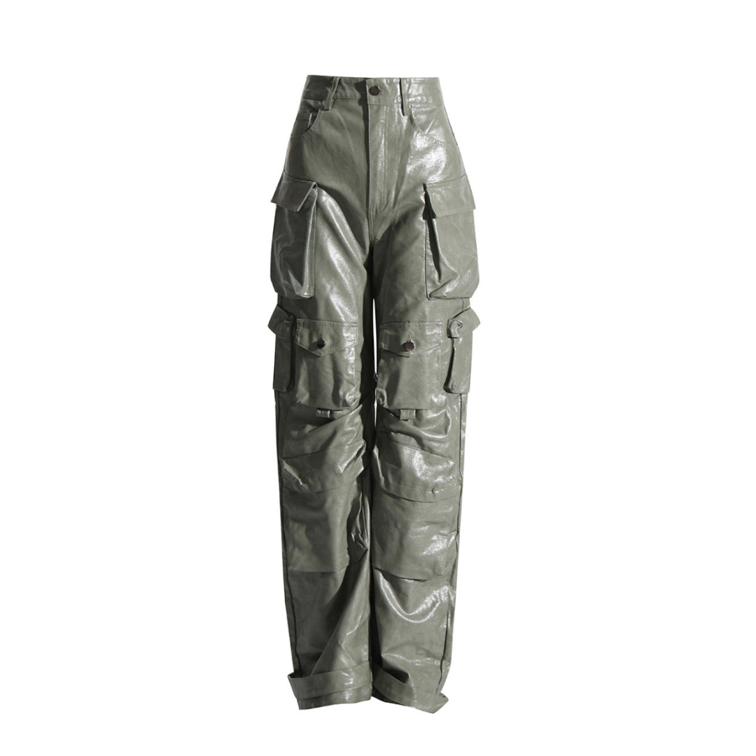 High Waist PU Cargo Pants