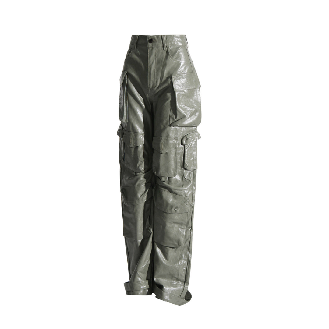 High Waist PU Cargo Pants