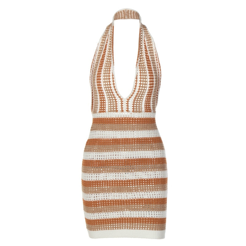 Stripe V-Neck Halter Mini Dress