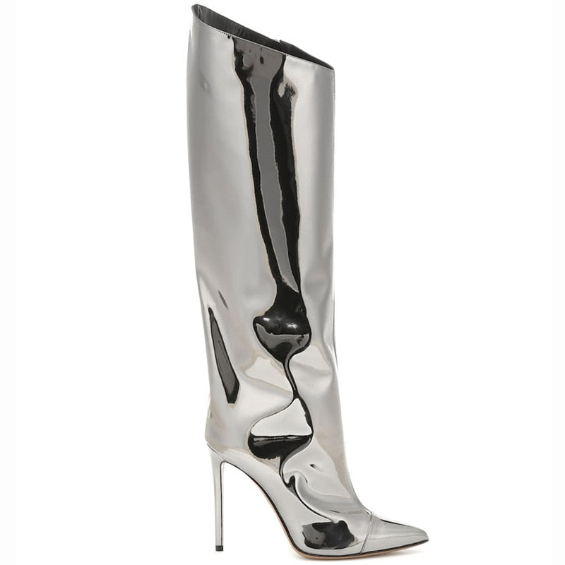 Pointed Toe Metallic High Heel Tall Boots