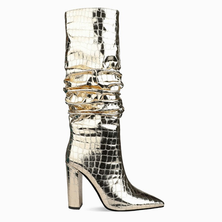 Square Heel Pointy Toe Metallic Heeled Boots