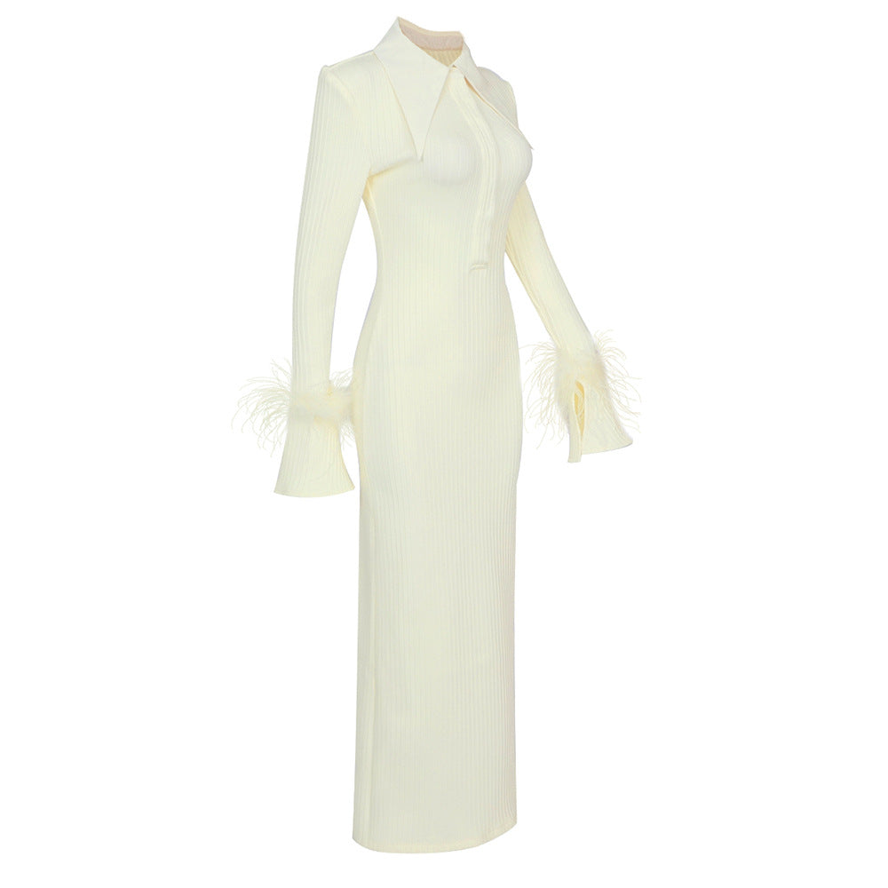 Feather Cuff Collared Long Sleeve Maxi Dress