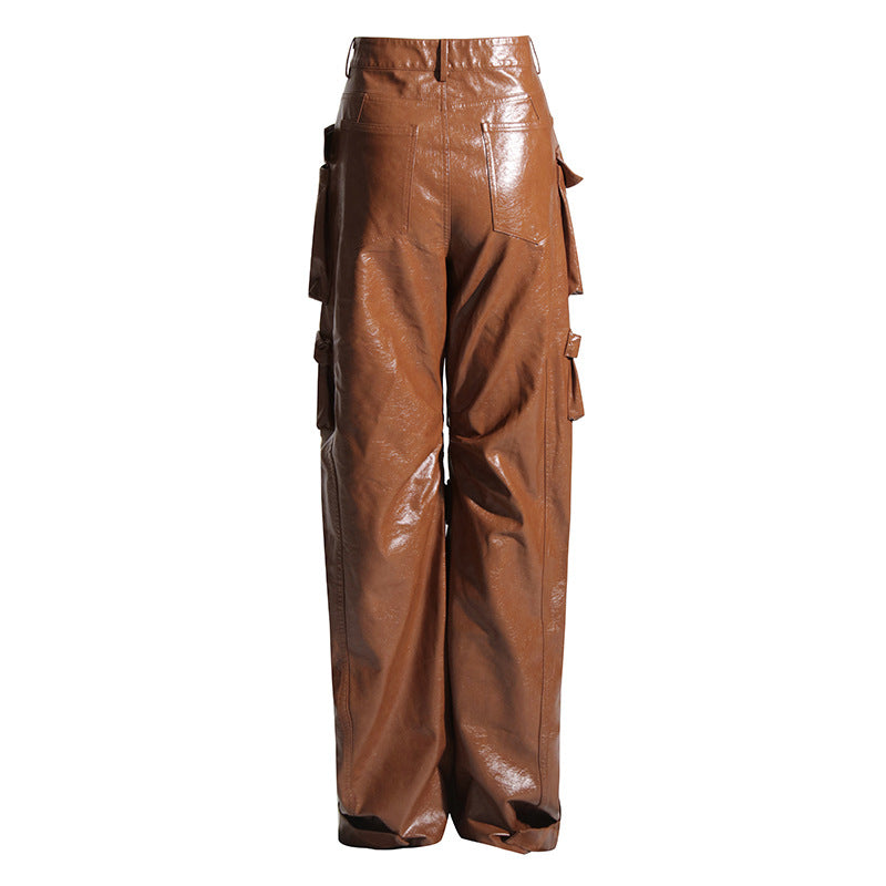 High Waist PU Cargo Pants