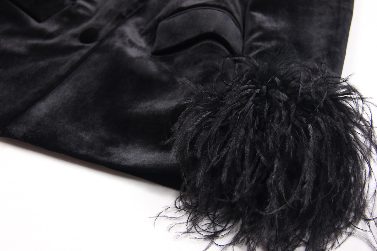 Feather Trim Deep V Velvet Blazer