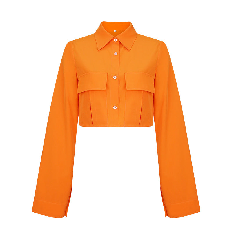 Long Sleeve Collared Button Up Crop Top