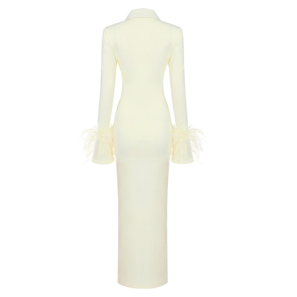 Feather Cuff Collared Long Sleeve Maxi Dress