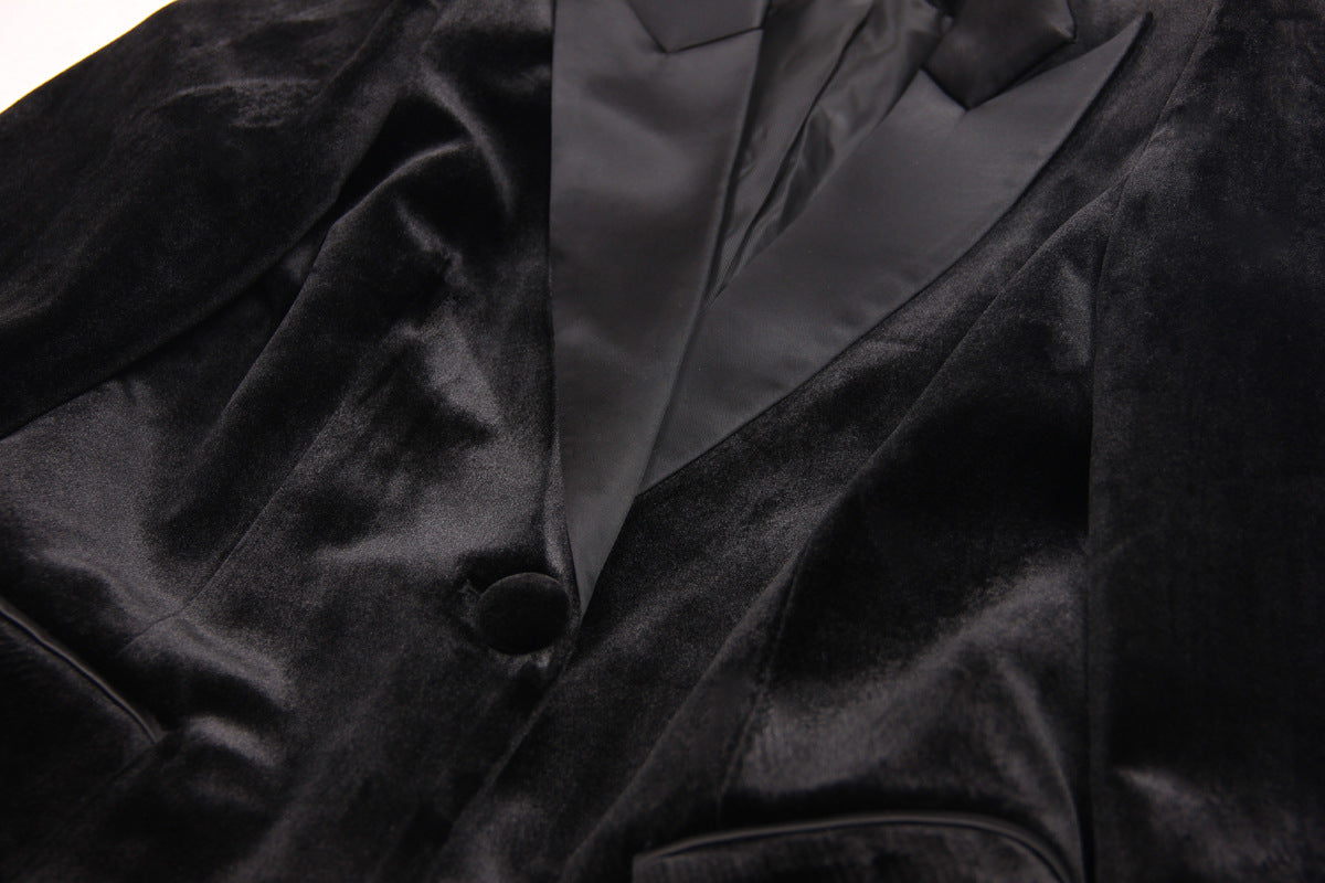 Feather Trim Deep V Velvet Blazer