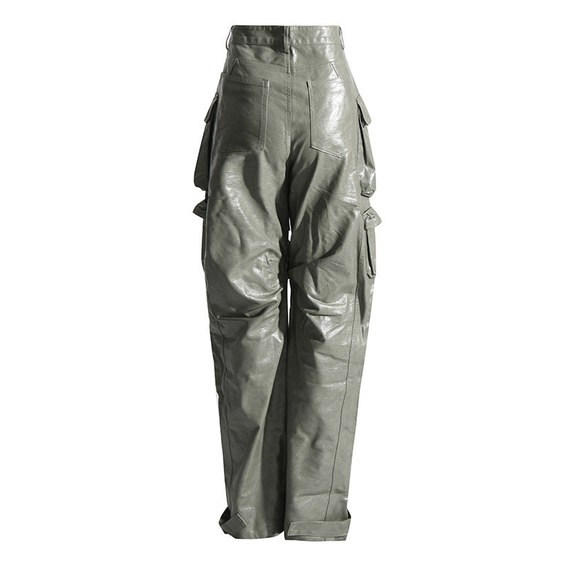 High Waist PU Cargo Pants