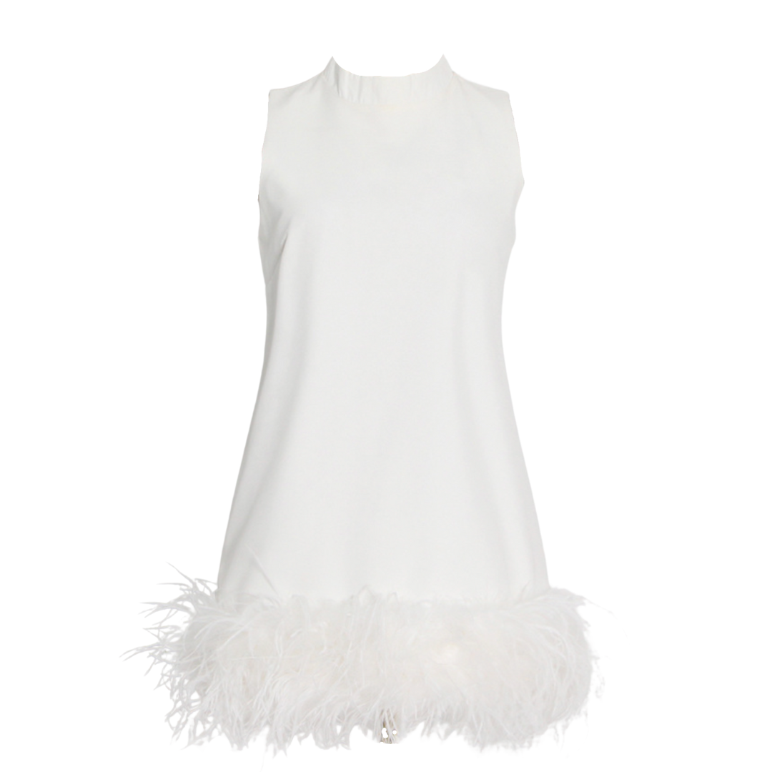 Feather Hem Mock Neck Shift Dress