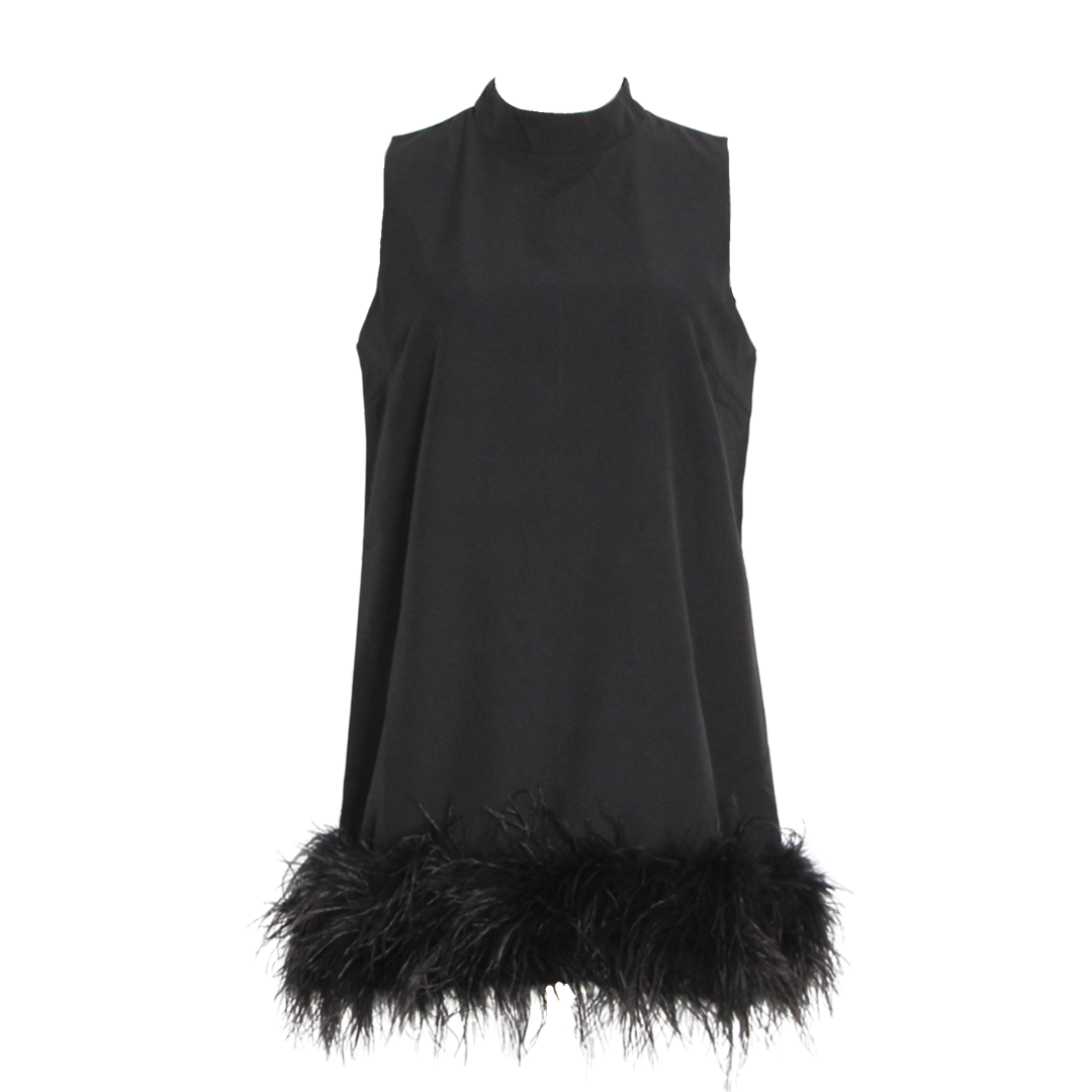 Feather Hem Mock Neck Shift Dress