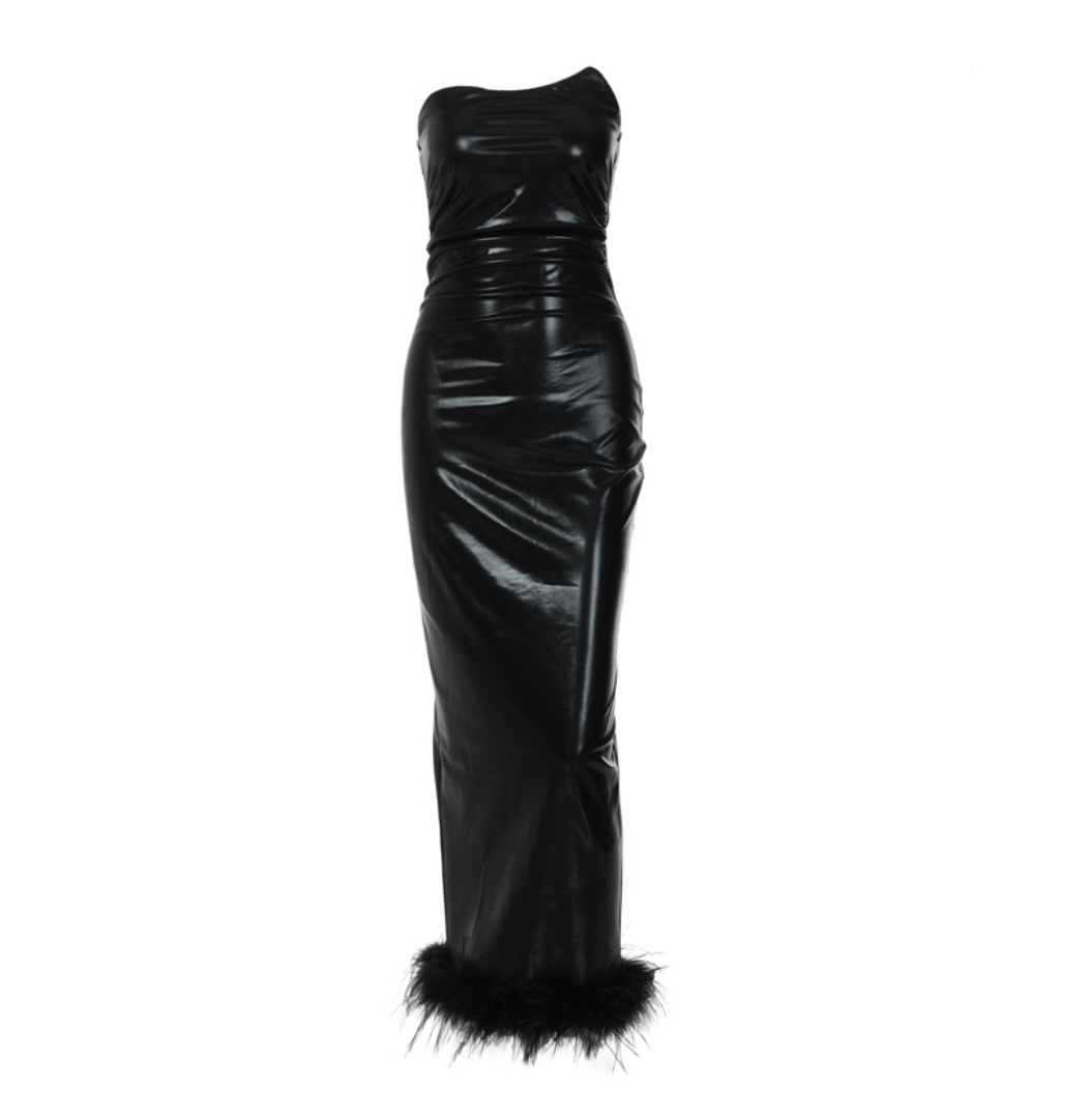 Furry Hem PU Tube Maxi Dress