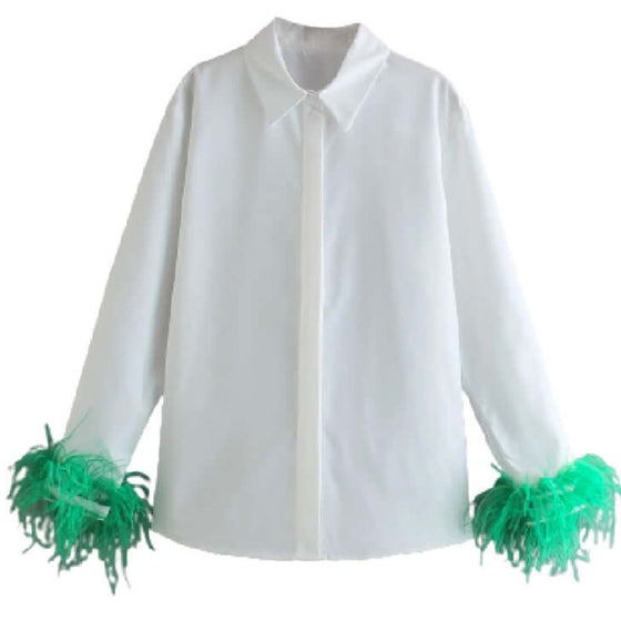 Button-Down Feather Trim Cuff Blouse