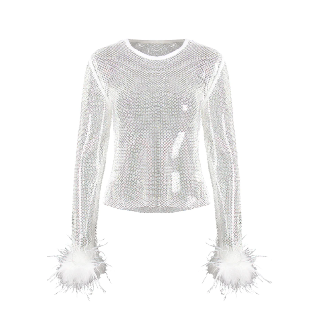 Crew Neck Feather Cuff Rhinestone Tee