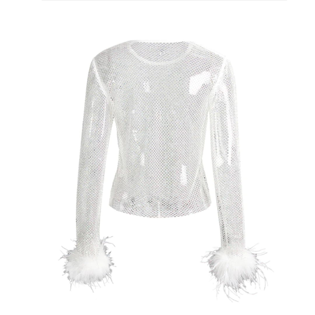 Crew Neck Feather Cuff Rhinestone Tee
