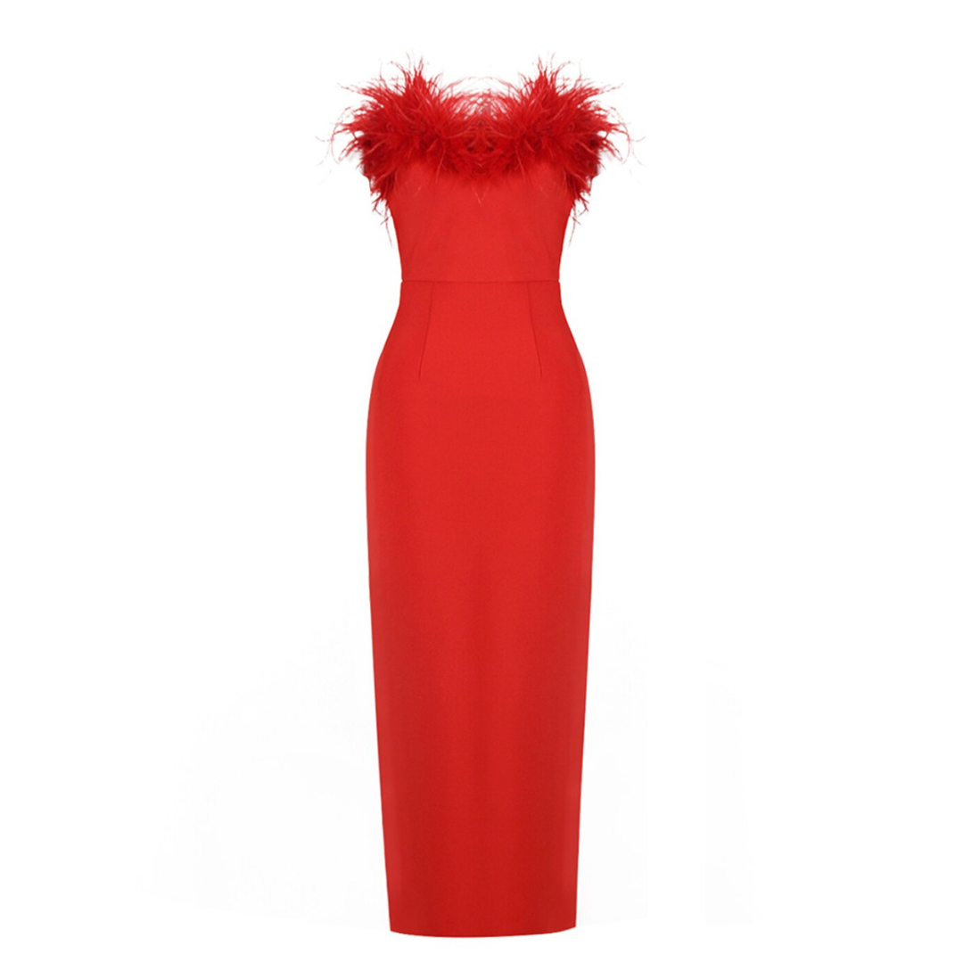 Feather Neckline Sheath Strapless Gown