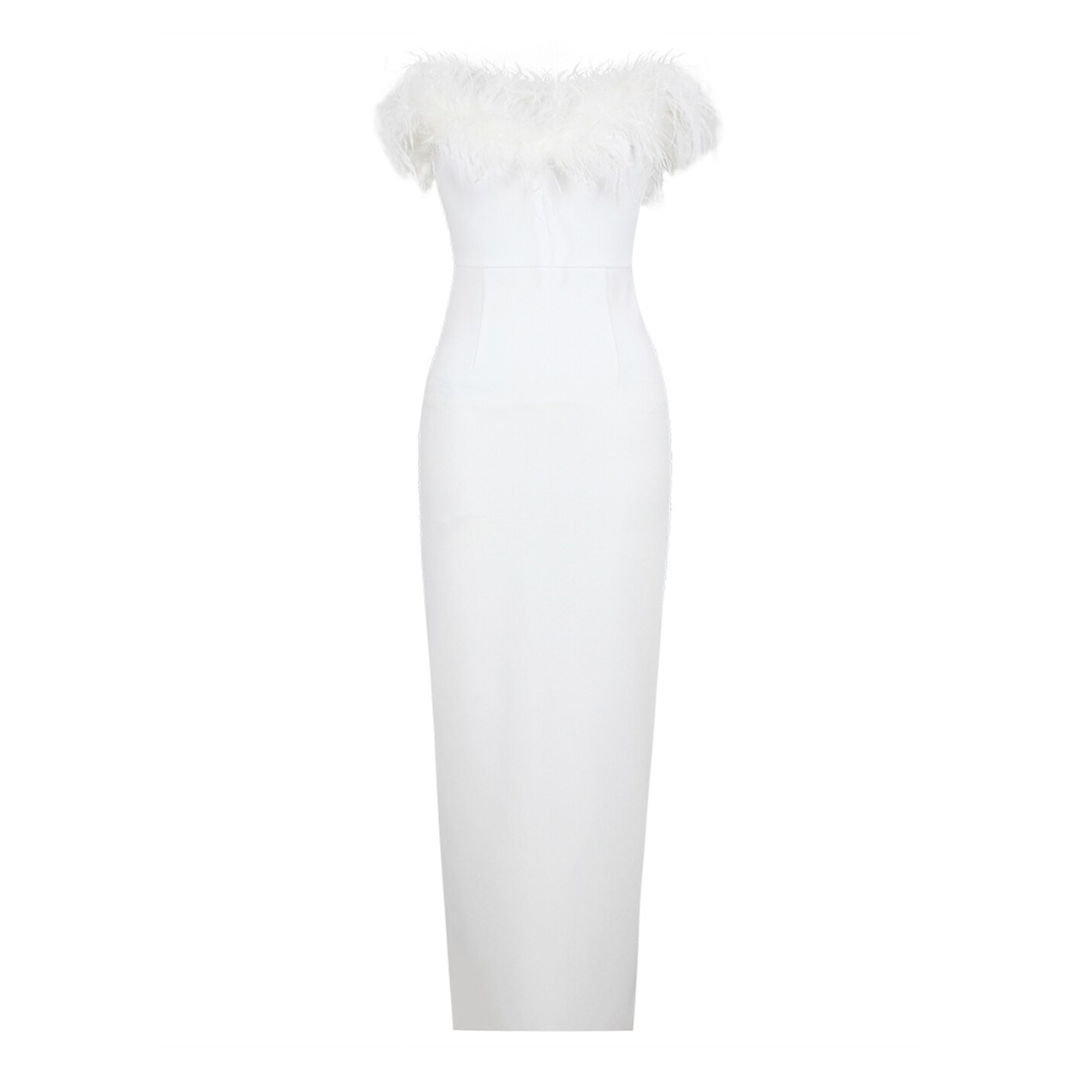 Feather Neckline Sheath Strapless Gown