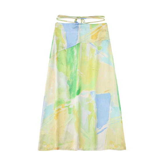 Satin Tied Waist Abstract Print Midi Skirt