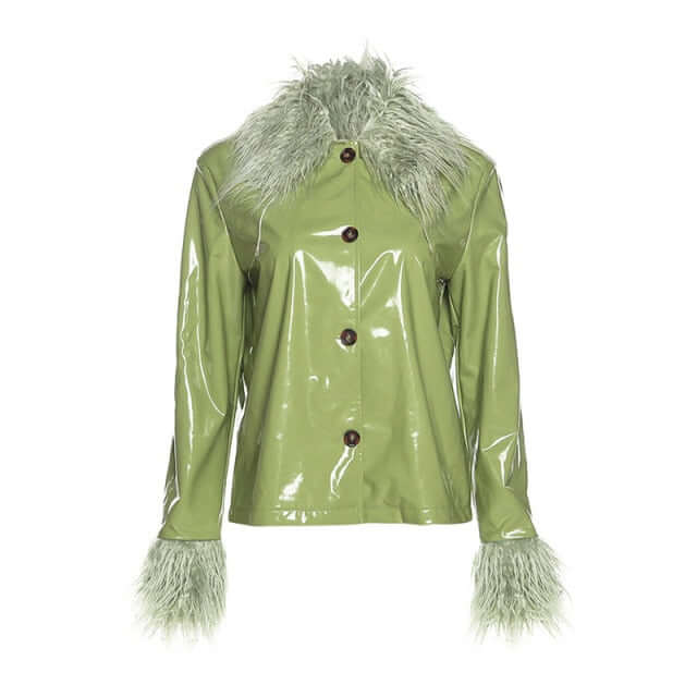 Fur Collar Button Up PU Jacket