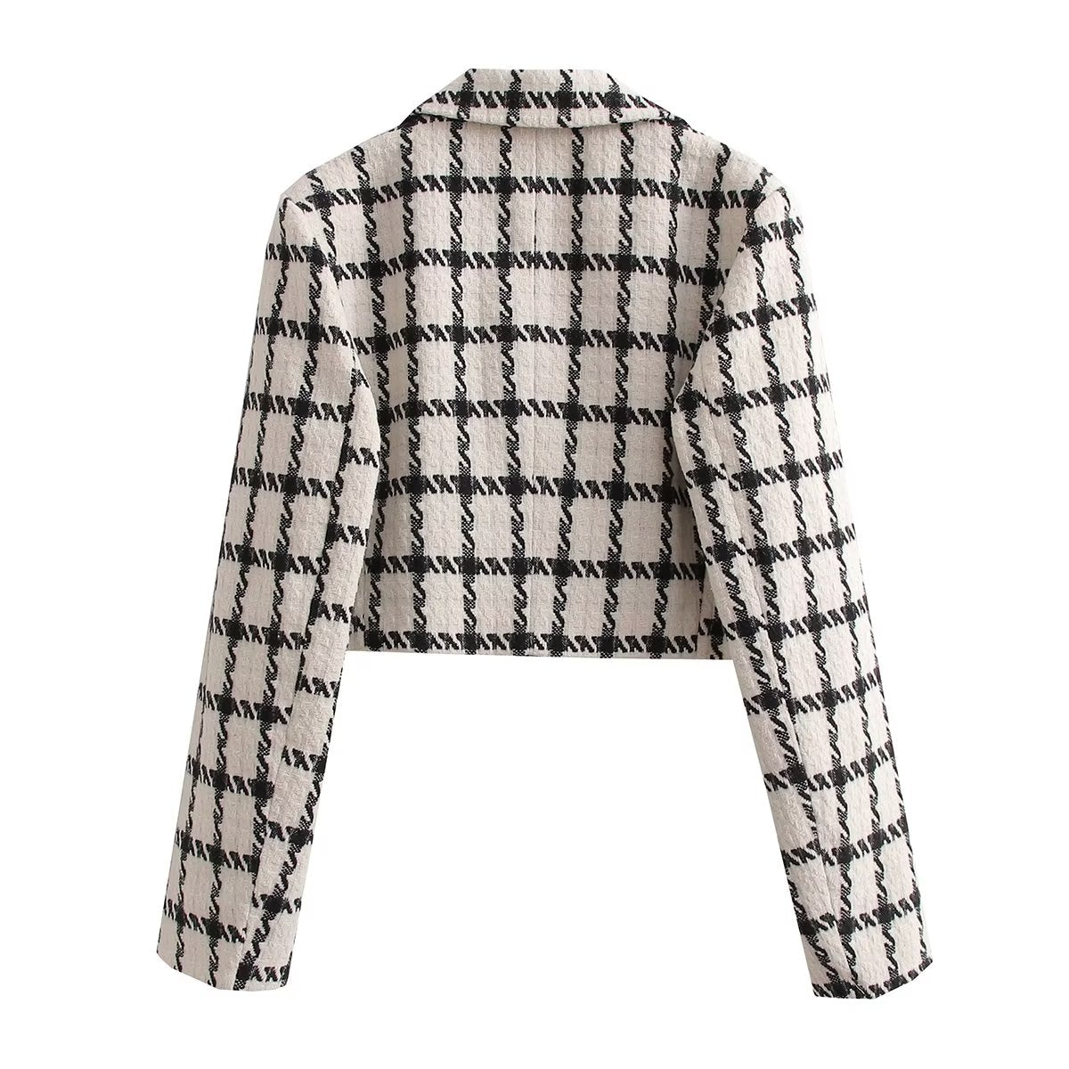 Cropped Long Sleeve Checker Blazer