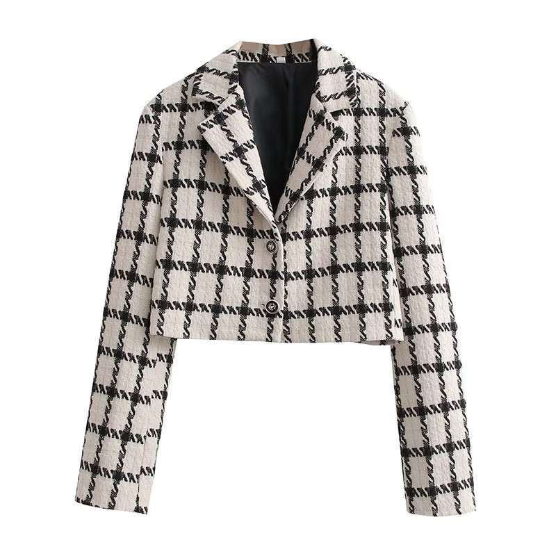 
                      
                        Cropped Long Sleeve Checker Blazer
                      
                    