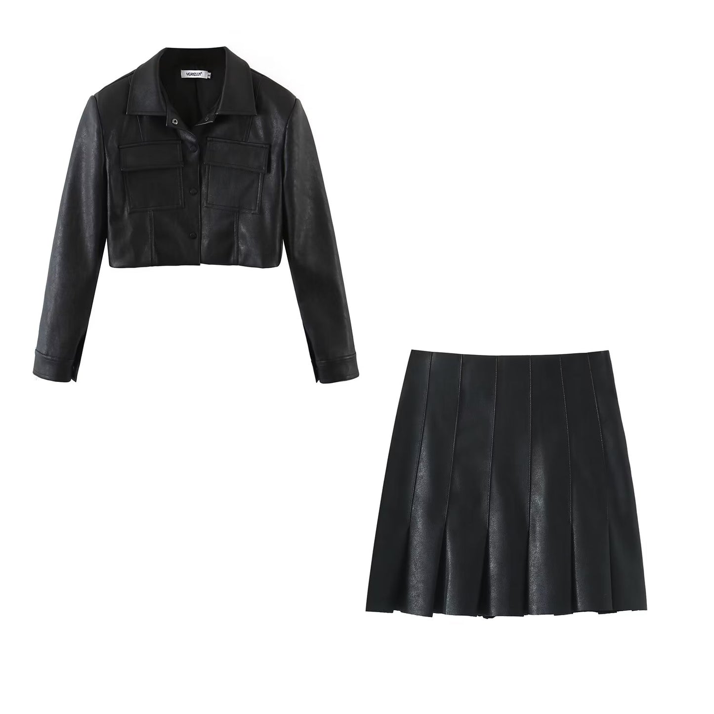 Faux Leather Long Sleeve Button Down Top and Pleated Mini Skirt